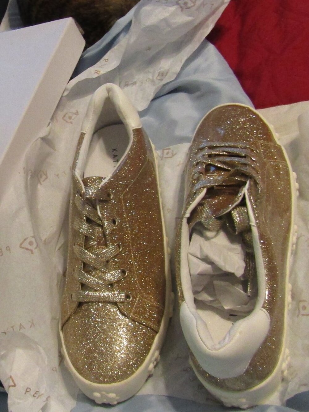 NIB KATY PERRY FLORRAL CHAMPAGNE SNEAKERS Size 11 Glitzy Gold Platform Bling